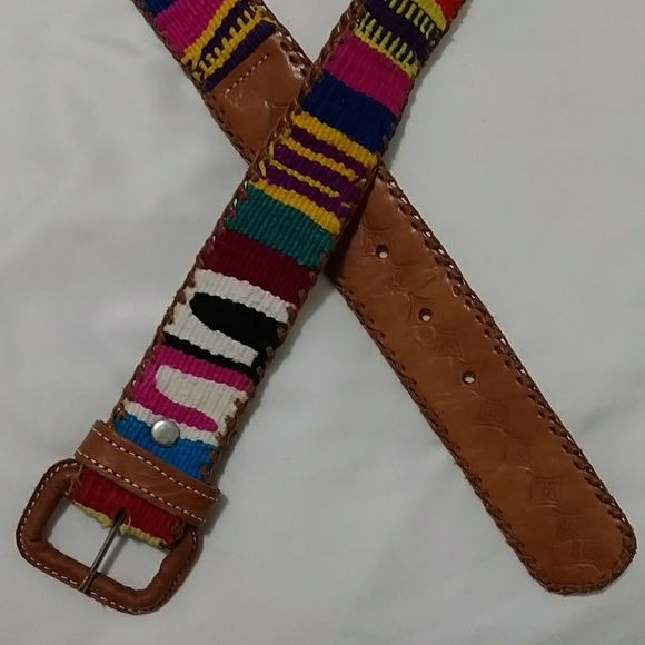 VTG Handcrafted Aztec Textile Leather Belt - Picture 3 of 6